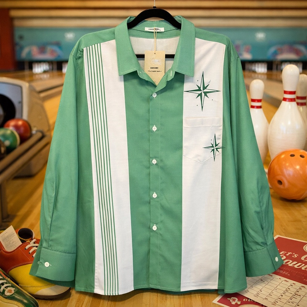 COOFANDY Green Retro Bowling Shirt | Atomic Star | XXL, NWT